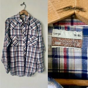 Vintage Plaid Western Wear Snap Button Shirt 1970’s Ranch Wear Plaid Shirt